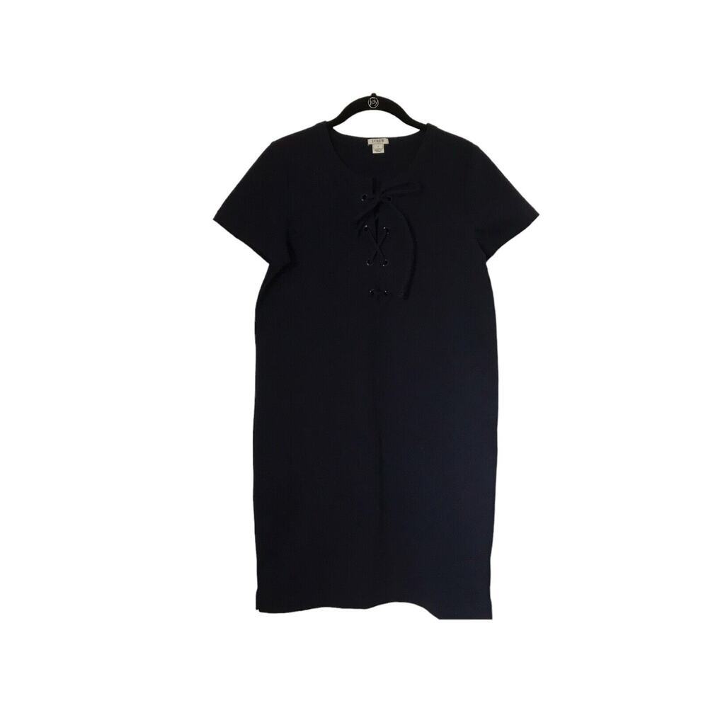 J Crew Dress Womens Size Small Navy Blue Lace Up Knit Grommet Short Sleeve Shift